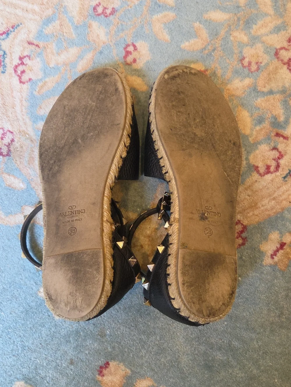 AUTHENTIC VALENTINO GARVANI BLACK LEATHER ROCKSTUD ESPADRILLE SHOES  $1195 ITALY